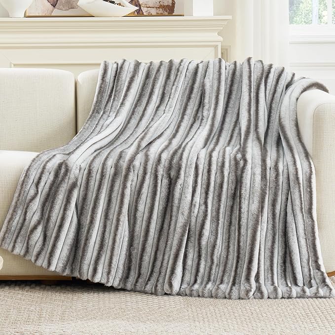 Cozy Bliss Faux Fur Throw Blanket for Couch, Cozy Warm Plush Striped Blanket for Sofa Bedroom Living Room,60 * 80 Inches Grey