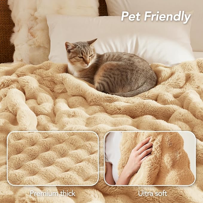 L'AGRATY Faux Rabbit Fur Throw Blanket for Couch, 50''x60'', Milk Tea Brown | Soft Cozy Bubble Fluffy Blanket for Sofa Bed, Thick Warm Plush Fuzzy Throw for Room Home Decor, Luxury Gift for Women Mom