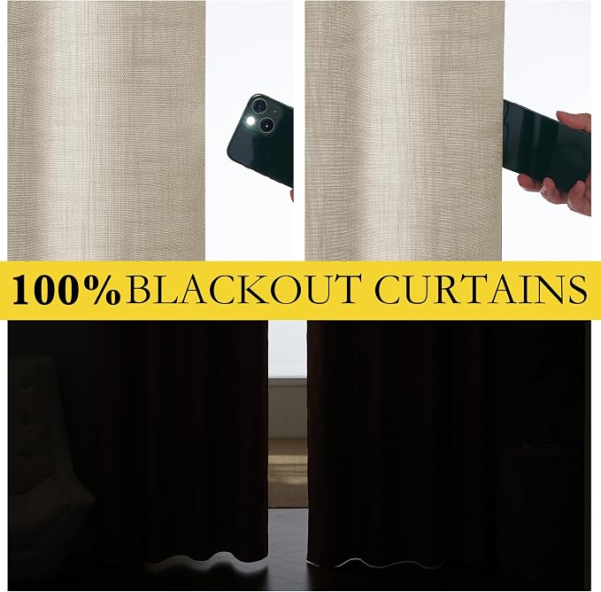 NICETOWN Taupe 100% Blackout Linen Curtains 84 inch Long Burg, Farmhouse Thick Completely Blackout Window Treatment Panels Thermal Insulated Drapes for Living Room (1 Pair, 52" Width Each Panel)