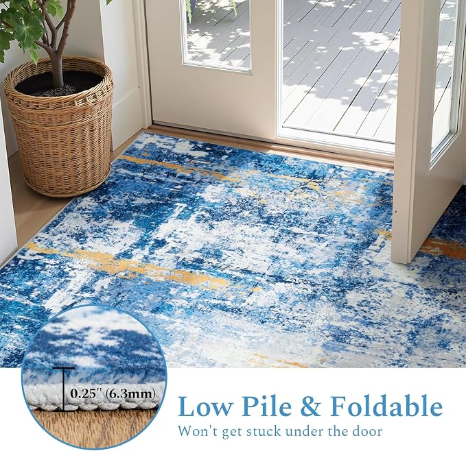 Rugflix 5x7 Area Rugs for Living Room, Washable Sky Blue Gold Large Rug | Machine Washable; Stain-Resistant; Low Pile; Non-Slip; Modern Abstract; Carpet for Bedroom Dining Office Nursery Home