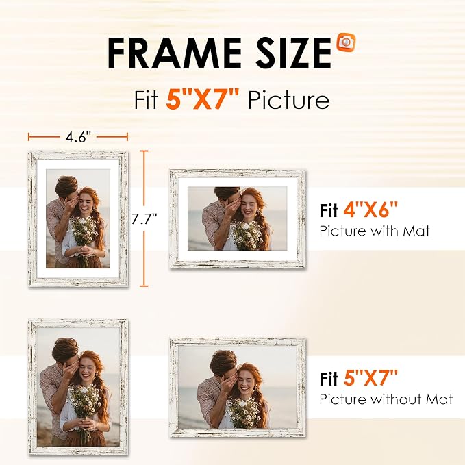 FIXSMITH 5x7 Picture Frame 2 Pack, Distressed White Photo Frame with HD Plexiglass, Display Pictures 4x6 with Mat or 5x7 Without Mat, Distressed White Multi Picture Frames Collage for Tabletop or Wall Display