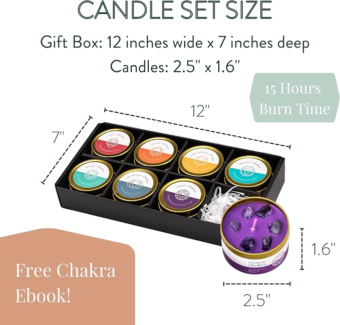 Chakra Candle Box Set of 7 with Crystals Inside | for Aromatherapy, Meditation, Yoga, Reiki and Mindfulness | Gift Box Candles