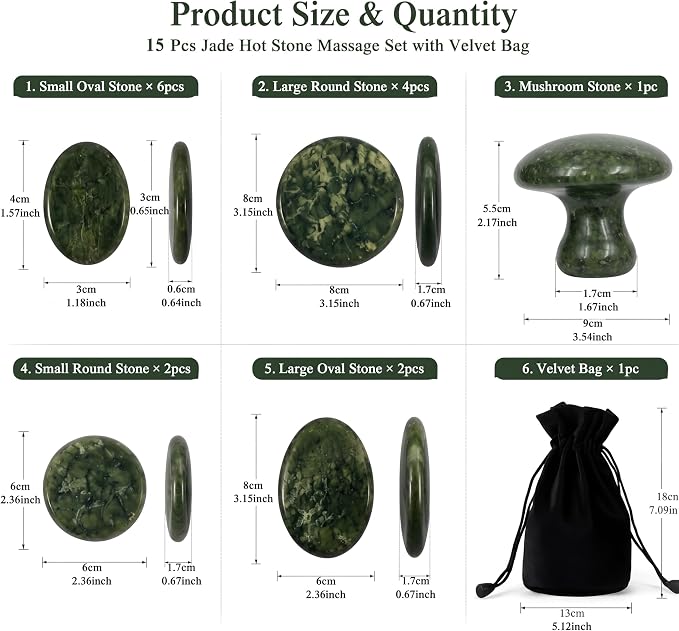 MTLEE 15 Pcs Hot Stones Massage Set Natural Green Jade Heated Warmer Stone, Round, Oval, Mushroom Shaped Hot Rocks, Body Gua Sha Massage Tool with Velvet Bag for Spa Relax, Relieve Tension (Classic)