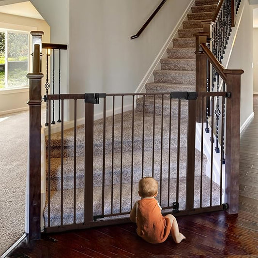 Babelio Metal Auto Close Baby Gate PressGuard P7,Extra Wide Pet Gate for The House and Doorways, Pressure Mounted Walk Thru Child Gate with Door (Black Wood Pattern, 30" Tall 29"-55" Wide)