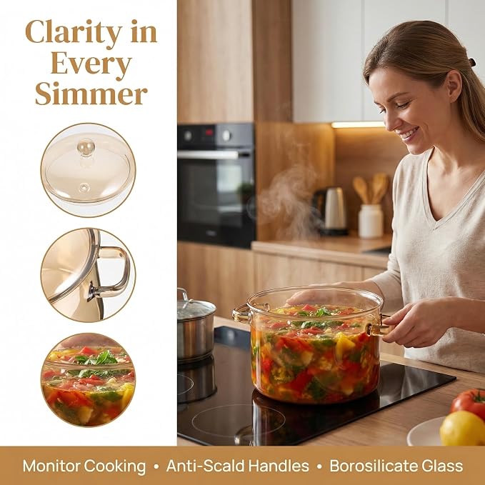 TOYANDONA High Borosilicate Glass Soup Pot with Lid Double Ear Noodle Pot Korean Ramen Stew Cooking 7.87X6.69X5.90In Heat Resistant Stockpot for Home Kitchen Family Gatherings