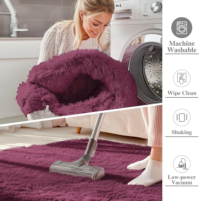 OLANLY 5x7 Machine Washable Large Area Rugs for Living Room, Bedroom, Soft Fluffy Shaggy Bedside Rug, Indoor Floor Carpet for Kids Girls and Boys, Dorms, Nursery, Home Decor Aesthetic, Burgundy