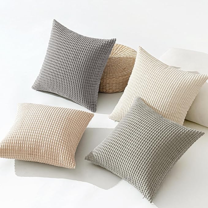 MIULEE Boho Farmhouse Decorative Pillow Covers 20x20 Inch Set of 4 Neutral | Rustic Modern Neutral Home Decor, Couch Throw Pillows, Corduroy Pillowcases for Sofa Living Room Bed