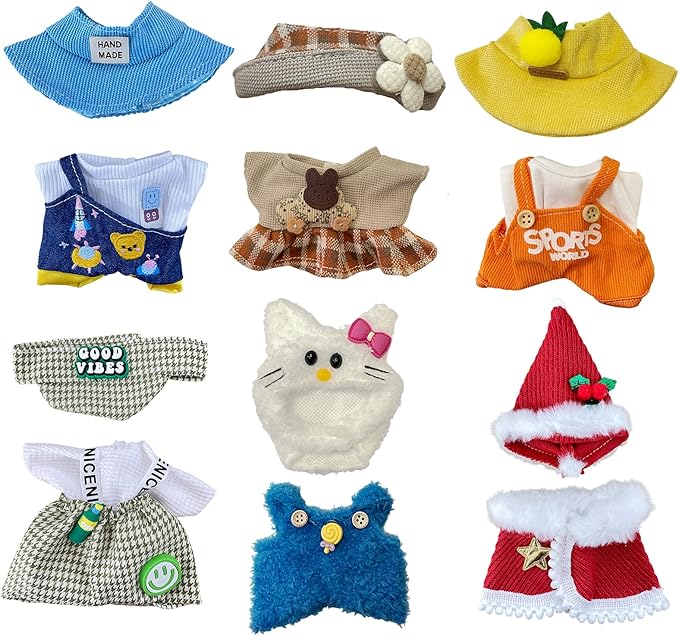 6 Sets Doll Clothes for 17cm Plush Dolls, Fashion Outfit Collection with Hats & Accessories for 6.7 Inch Mini Doll (No Dolls) (Set 2)