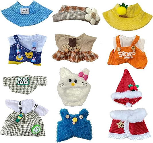 6 Sets Doll Clothes for 17cm Plush Dolls, Fashion Outfit Collection with Hats & Accessories for 6.7 Inch Mini Doll (No Dolls) (Set 2)