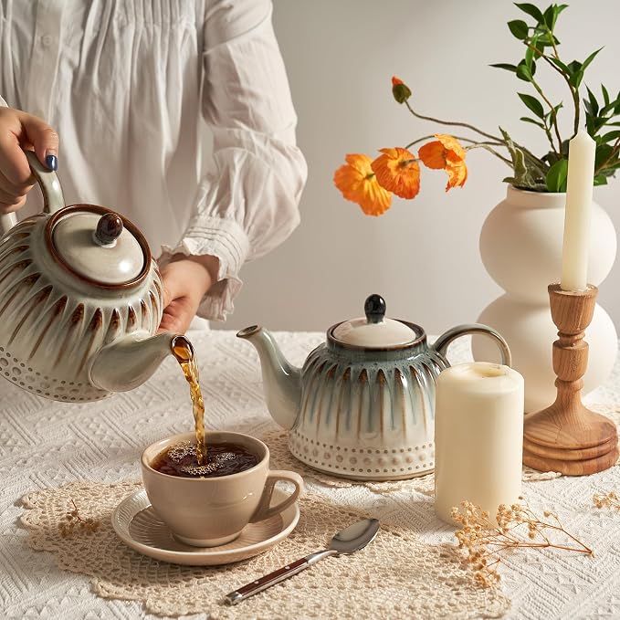 Sweese Ceramic Teapot, Beaded Retro Flower Glaze, 1100ml/37 oz Large Tea Pot for Loose Tea or Bags, Enough for 4 Cups, Nebula Amber