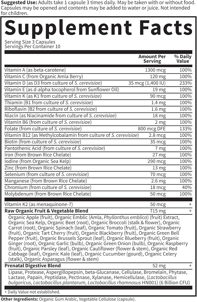 Garden of Life Vitamin Code Raw Prenatal Multivitamin for Women with Iron, Folate, Probiotics and Whole Food Nutrients - Immune and Cellular Energy Support, Non-GMO, Gluten-Free, Kosher, 30 Day Supply