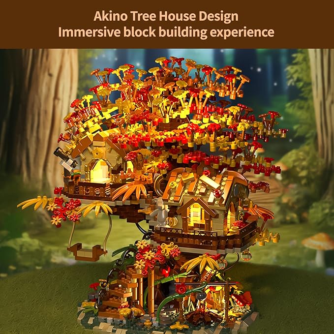 Treehouse Building Blocks Set with LED Lights-2725PCS Micro Bricks,Akino Forest Style Building Toy Kit,Miniature Tree House Model Decor,Ideal Birthday, for Age8+ Kids Adults