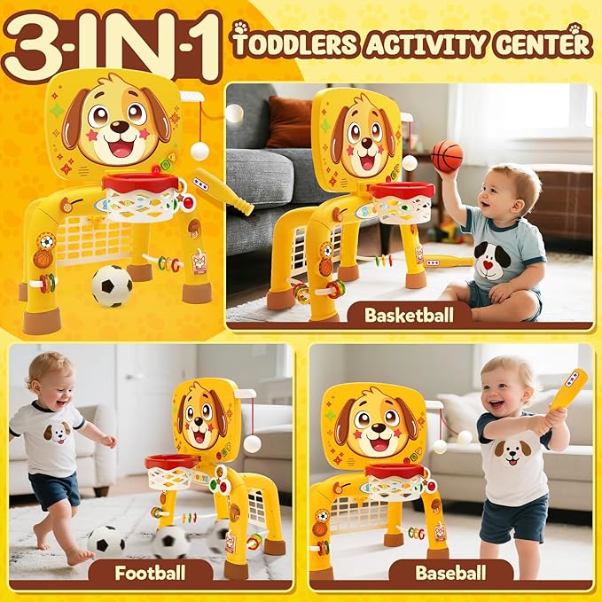 Toys for 1 Year Old Boy - Toddler Basketball Hoop & Soccer Goal & Baseball Activity Center with Light Sound Music, Puppy Montessori Sports Toy,Christmas Birthday Gift for Baby 12-18 Months,Dark Yellow
