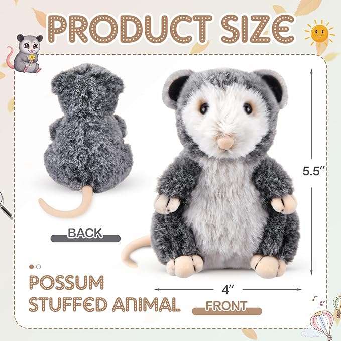 Shappy Possum Stuffed Animal Opossum Plush Cuddle Realistic Possum Plushies Cute Soft Toy Birthday Gifts for Kids Women Men Funny Operation Christmas Items Adorable Gag Gift, 5.5 Inches