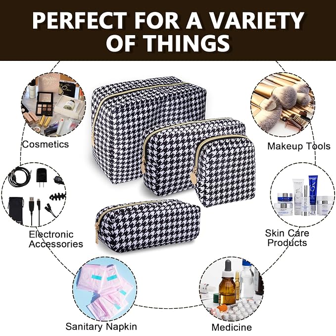 UIXIZQ Mini Makeup Pouch for Purse， Small Cosmetic Bag Pouch Nylon Travel Toiletry Organizers for Women Girls, Cute Storage Zipper Pouch Coin Purse for School Work Camping(Mini-Houndstooth)