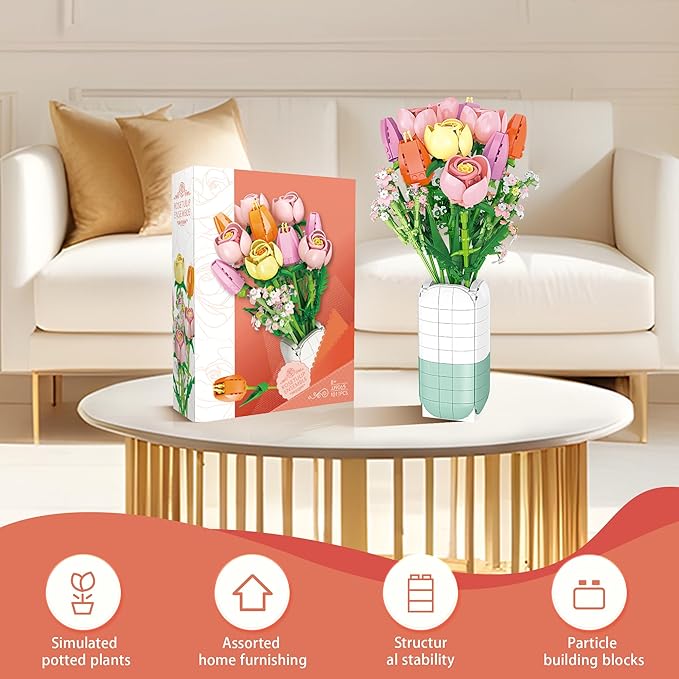 Flowers Bouquet Building Set Tulips Camellia with Vase for Adult -1011pcs