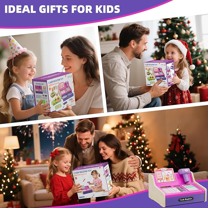 HYES Cash Registers for Kids, Rechargeable Pretend Play Toys Supermarket & Fast Food Restaurant, Cashier Toy with Play Money, Pretend Food, Birthday Gifts for Kids Boy & Girl Age 4-8, Pink