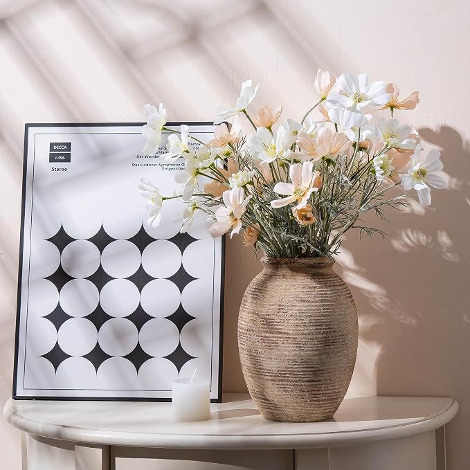 Rustic Ceramic Flower Vase - 8in Vintage erracotta Vase for Home Decor - Christmas Decorative TFlower Bud Vases, Mondern Farmhouse Vase - Living Room Shelf Decor Table, Lyeec