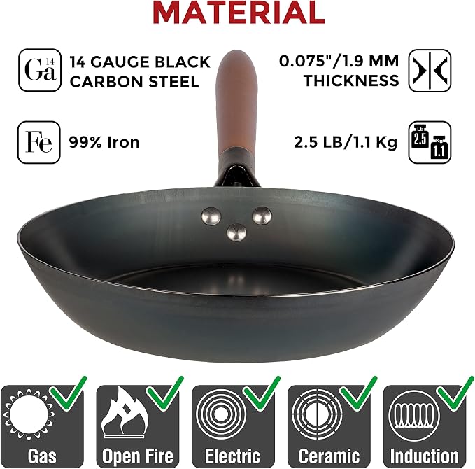 YOSUKATA 10 1/4" Carbon Steel Frying Pan – Non-Toxic Pre-Seasoned Skillet with Removable Wooden Handle – Coating-Free Wok-Style Pan for Gas, Induction, Electric, Oven & Grill BBQ