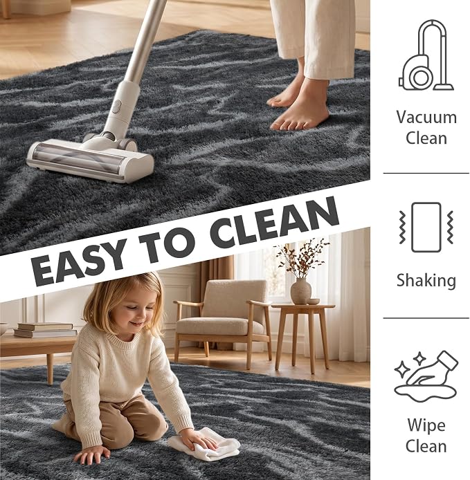 4x6 Ft Shag Rugs for Bedroom Living Room, Tie-Dyed Ultra Soft Fluffy Furry Area Rugs for Indoor Floor, Aesthetic Carpet for Kids Home Decor (Grey)