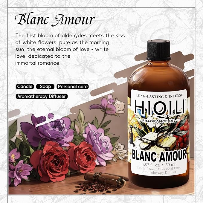 HIQILI Blanc Amour Fragrance Oil for Diffuser, Candle & Perfume Making | Soft Floral Aroma for DIY Crafts, Blendable with Body Oil, Ideal for Diffusers, Candles & Soap - 150Ml / 5.07 Fl Oz