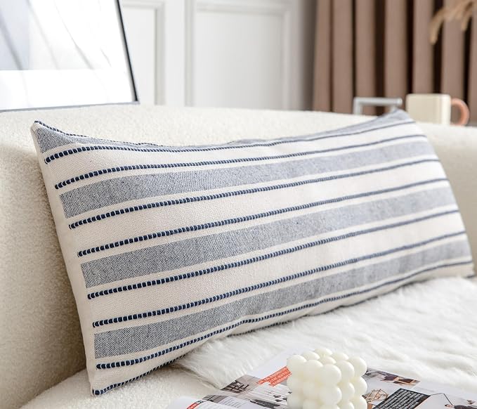 Cethom Decorative Boho Lumbar Pillow Covers, Modern Farmhouse Couch Pillowcase, 14 x 36 Long Accent Body Throw Pillow Covers, Sofa Bed Living Room Decor Cushion Case, Navy Blue and Beige, Pack of 1