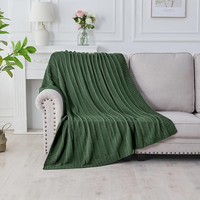 Douceur Christmas Green Throw Blanket for Bed, Soft Cozy Lightweight Stripe Pattern Knitted Throw Blanket for Sofa, Living Room Gift, 50"X60"