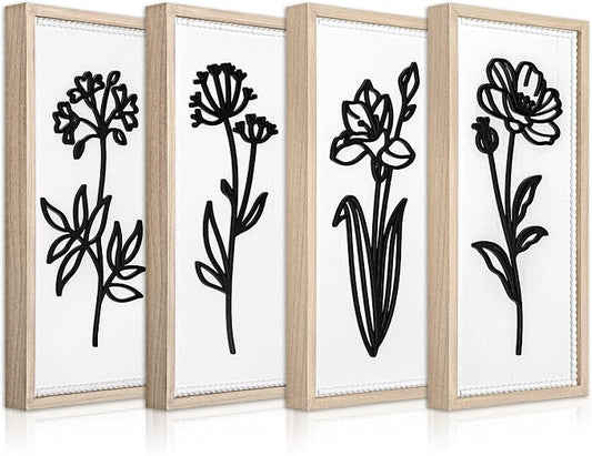 White Floral Bathroom Wall Decor Set of 4, Wood-Framed 3D Gallery Wall Art | Raised floral cutouts in rectangular frames, ready to hang; neutral boho farmhouse gallery decor for bedrooms and hallways