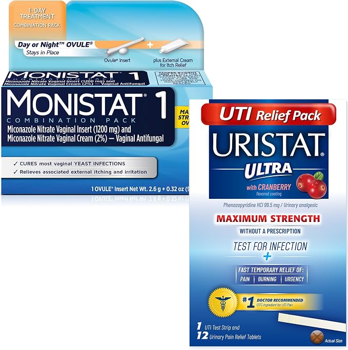 Monistat 1-Day Yeast Infection Treatment, Prefilled with Uristat Ultra UTI Relief Pak, Test for Urinary Tract Infection, Experience Urinary Pain Relief, 1 UTI Test Strip & 12 Pain Relief Tablets