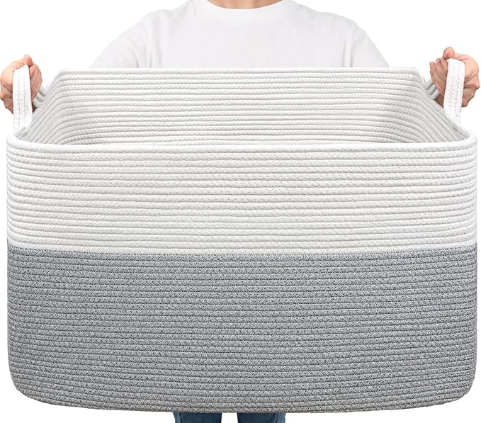 Goodpick 85L Large Woven Rope Blanket Basket, Rectangle, White Gray | 23.6'' x 15.7'' x 13.8'' Storage Basket for Blankets & Pillows, Living Room & Bedroom Organization, Reinforced Handles