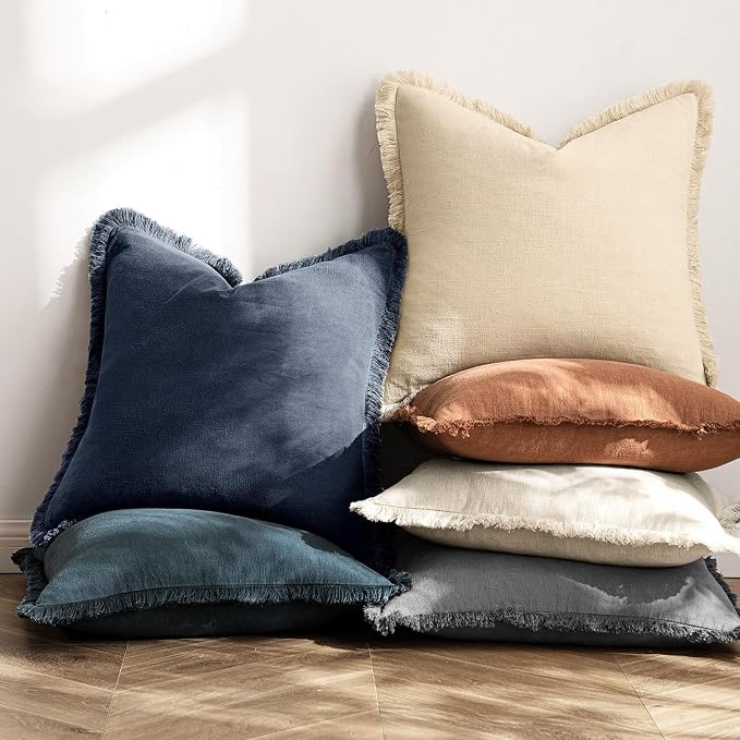 MIULEE Boho Linen Fringe Decorative Throw Pillow Covers Indigo Blue 18x18 | Set of 2, Cottagecore Decor, Boho Farmhouse Coastal Pillow Covers, Rustic Couch Cushion Cases for Sofa Bed Living Room