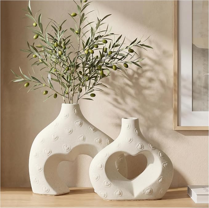 White Ceramic Flower Vases Table Decor Heart Shaped Vase Set of 2 | Nordic Heart Shaped Vases Minimalist Decorative Vase for Table Centerpiece Wedding Dining Living Room Office House Decoration