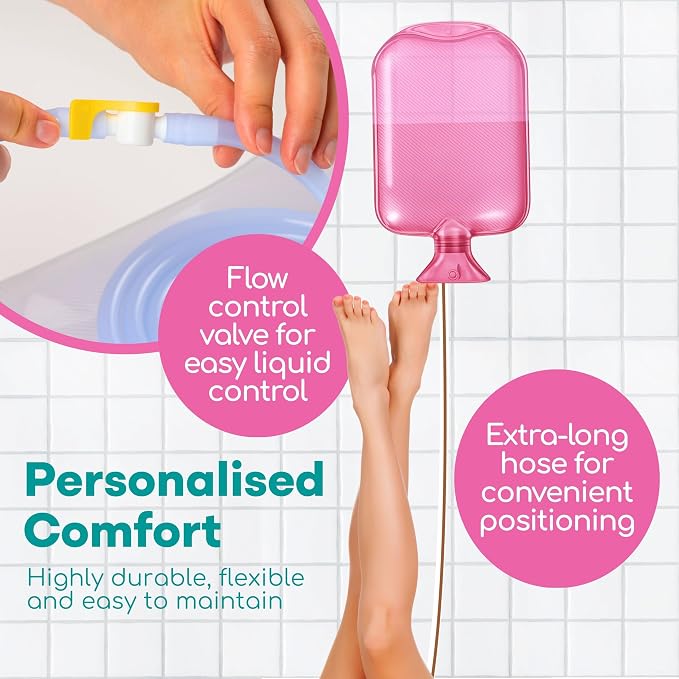 Medi Grade Enema Kit for Adults, 2L Capacity - Pink Transparent, Hands-Free with One-Way Valve, 4 Tips, Enema Bag - Enemas for Colon Cleanse for Women and Men - Coffee Enema & Colon Cleansing
