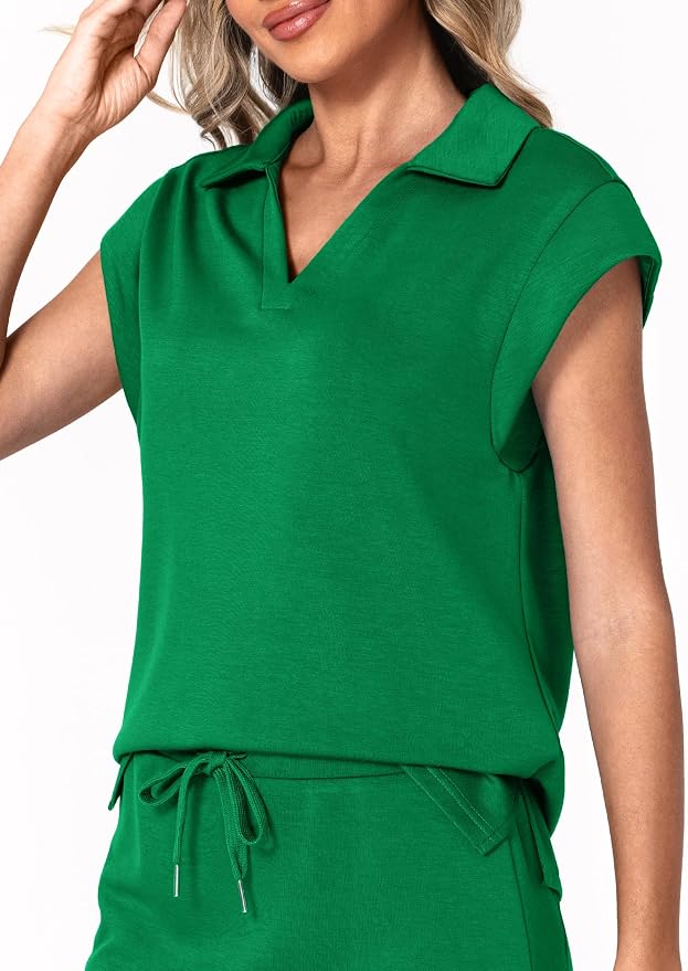 Casly Lamiit Womens Two Piece Skirt Sets Casual Cap Sleeve Lapel V Neck Tops Summer Travel Outfits Short Tennis Skort Set