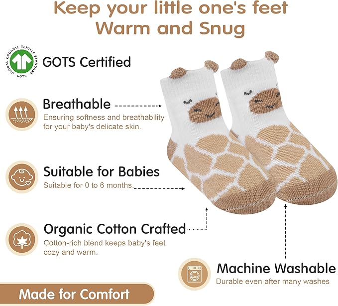Organic Cotton GOTS Certified Non-Slip Baby Socks 0-6 Months - 7 Pairs Soft Breathable Newborn Socks Animal Design For Infant