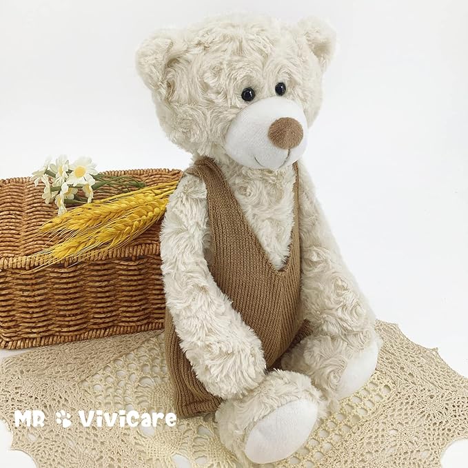 MR VIVICARE 13.5" Cream Beige Bear Stuffed Animals for Kids and New Born Babies,Knitted Dressed Stuffed Teddy Bear Plush Toys for Boys and Girls,Great Gifts on Birthday,Christmas,Machine Washable