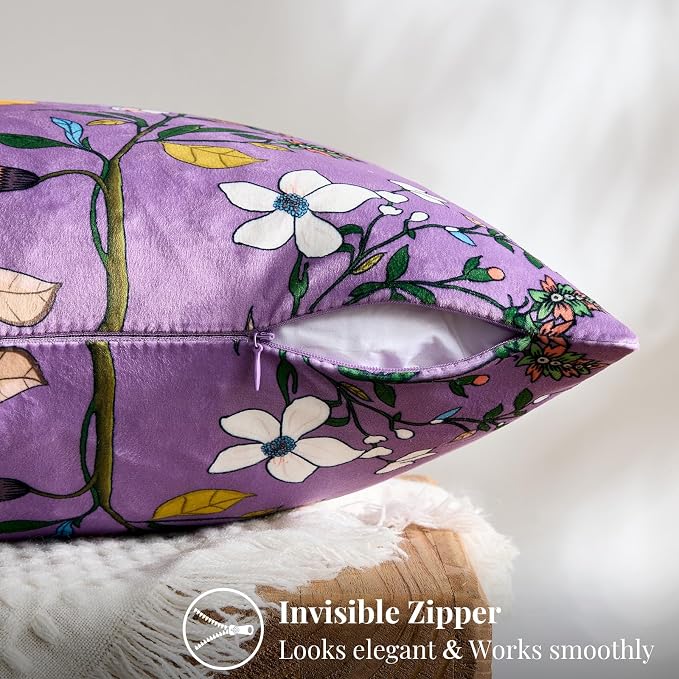 MUSSEL Plum Purple Velvet Floral Decorative 20x20 Pillow Covers Set of 2 | Durable Sturdy,Botanical Printed Pattern,Throw Pillows Case,Square,Colorful Mid Century Cushion Covers,Sofa Couch Decor