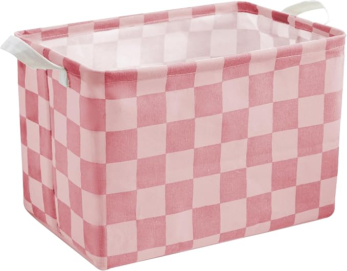 Ohocut Pink Coral Checkered Canvas Basket, Rectangular Organizing Decorative Storage Basket for Kids Dog Toy, Cute Aesthetic Race Cars Boy Room Decor for Home, Kitchen, Bedroom, Classroom, Shelves