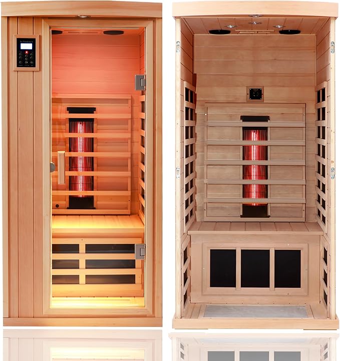 Ceramic Infrared Sauna 1 Person Far Infrared Sauna Hemlock Saunas Room for Home 2 in 1 Indoor Sauna with Low EMF Heaters + Ceramic Heating Cubes-Chromotherapy-Bluetooth Speaker