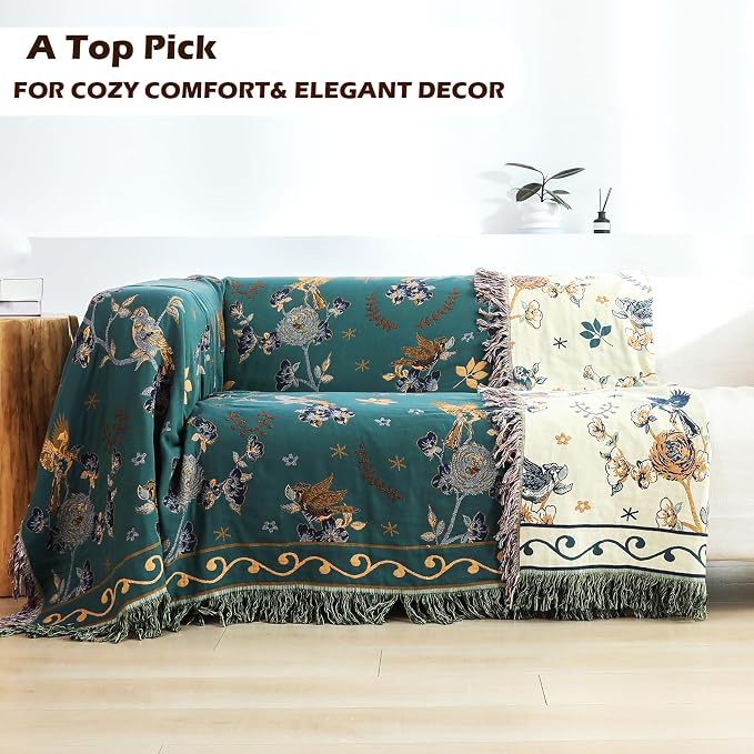 VANJOROY Boho 100% Organic Cotton Muslin Large Throw Blanket 60" x 80" - All Season Rustic Ultra Soft Breathable Floral Bird Blanket for Bed Sofa Couch Chair Bedspread Quilt Gift,-Teal/Green