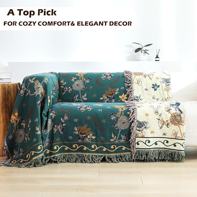 VANJOROY Boho 100% Cotton Large Throw Blanket King - All Season Rustic Ultra Soft Breathable Floral Bird Blanket for Bed Sofa Couch Chair Bedspread Quilt Gift, 91" x 108"-Teal/Beige