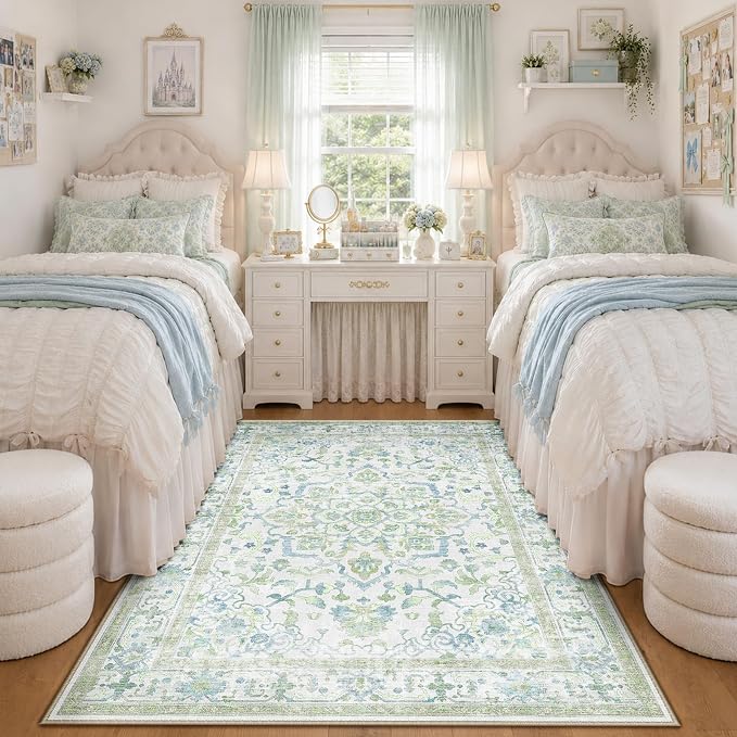 CAPALOCA 4x6 Washable Nursery Girls Low Pile Area Rug Green Blue | Non-Slip Soft Rugs for Bedroom Kids Playroom Living Room, Print Pattern Water Repellent Carpet Indoor Decor