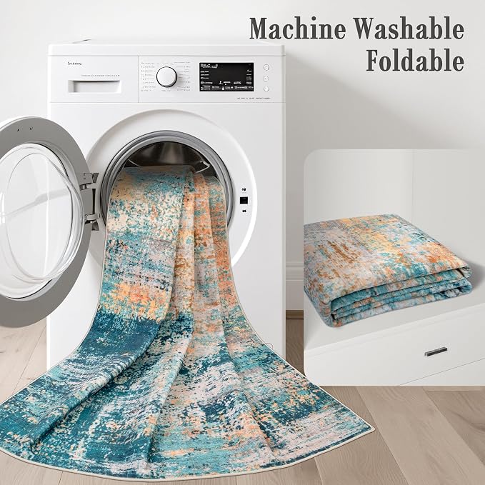 Washable Area Rug 3x5 Entryway Rug: Washable Modern Abstract Soft Thin Rug Indoor Floor No Slip Carpet for Bedroom Dining Room Farmhouse Nursery Home Office - Rosy Haze