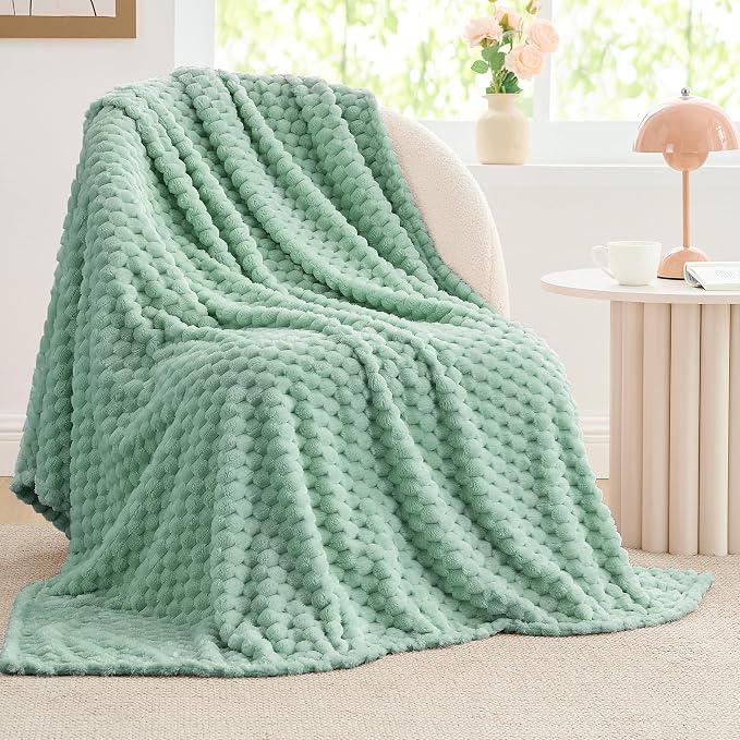 BEDELITE Mint Green Twin Blanket for Couch, Soft Cozy Gift for Women, 60*80 | 3D Jacquard Decorative Fleece Blanket, Super Soft Plush Throws, Cute Birthday Gift for Women & Men, Suitable for All Seasons