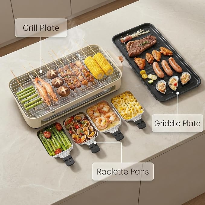 Electric Indoor Grill, 3 in 1 Smokeless Indoor Grills with Non-stick Removable Grill & Griddle Plate, Portable Korean BBQ Grills with 4 Cheese Pans, Adjustable Temperature Control, 1500W (Beige)