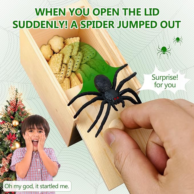 Wooden Surprise Spider Prank Box - Handcrafted Spider in a Box for Adults and Kids，Fake Realistic Spiders Toy,Hilarious April Fools Day or Birthday Surprise Toy and Gag Gift Practical Joke