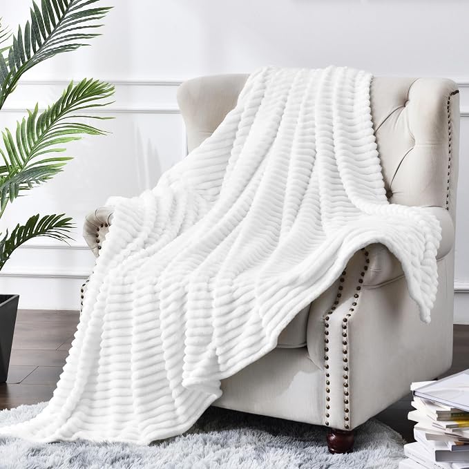 BEDELITE Ribbed Jacquard White Fleece Throw Blanket for Couch, 50x60 Inch | Soft Warm Decorative Fluffy Blanket, Cozy Plush Lightweight Fuzzy Throw Blanket for Bed Sofa Home Room Decor, Gift for Women