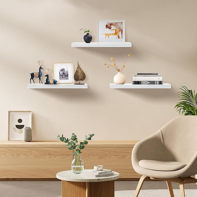 Upassion Floating Shelves for Wall Set of 3, 24" White Wall Shelves for Home Decor, Frame Display White Floating Shelf for Living Room, Bedroom, Bathroom, Kitchen