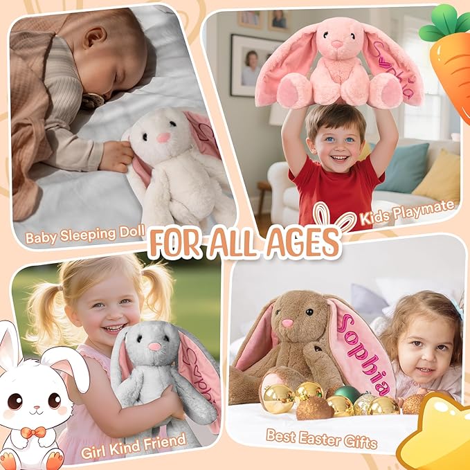 Personalized Bunny Plush for Kids Custom Bunny with Embroidered Name, Stuffed Animal for Toddler 1-3+ Girls Boys Bunnys Plush Toys Personalized Baby Newborn Kids Gifts for First Birthday Easter