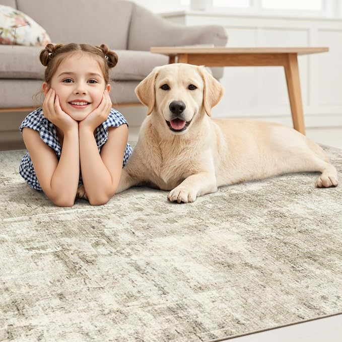 Soalmost 9x12 Area Rugs for Living Room Washable Rug Abstract Beige/Gray | Non-Slip Large Modern Carpet for Dining Bedroom, Soft Low Pile Lightweight Foldable Floor Mat Nursery Home Office Decor